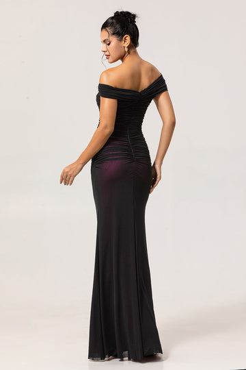 Black Pink Mermaid Off The Shoulder Ruched Tulle Long Bridesmaid Dress with Rosette